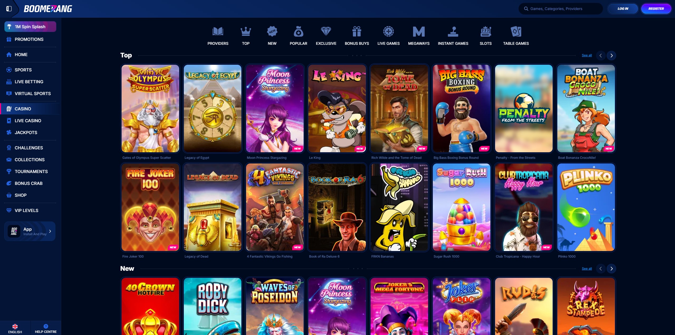 Boomerang Casino games lobby with slots and live tables