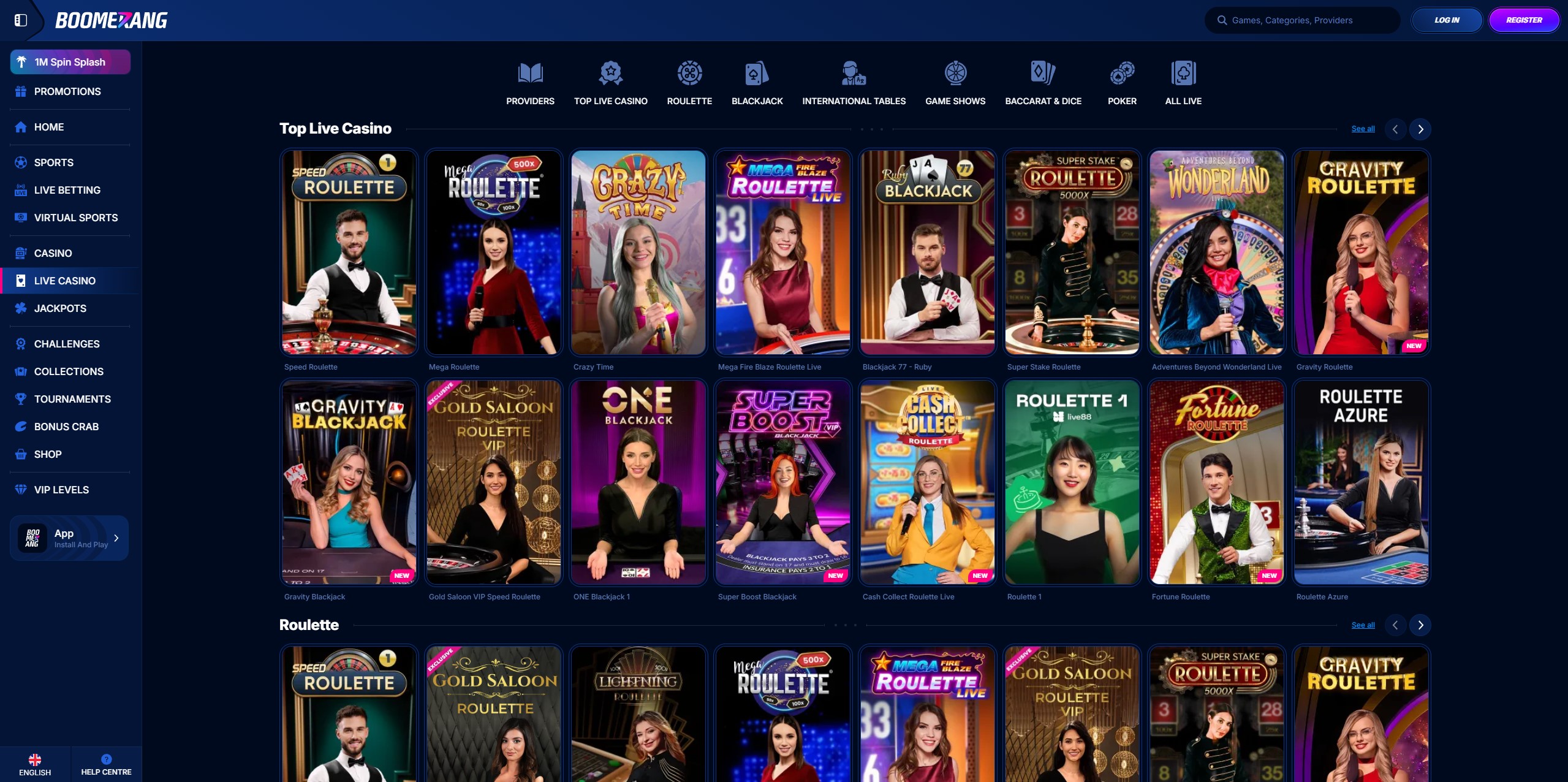Boomerang Casino live dealer tables next to the slots library
