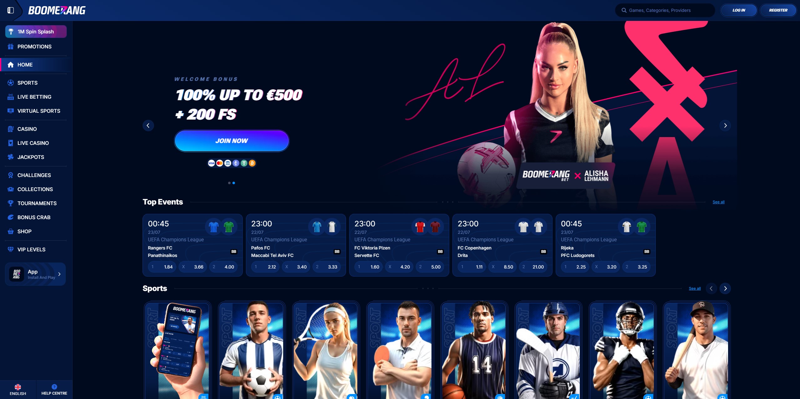 Boomerang Casino main lobby interface for Irish players