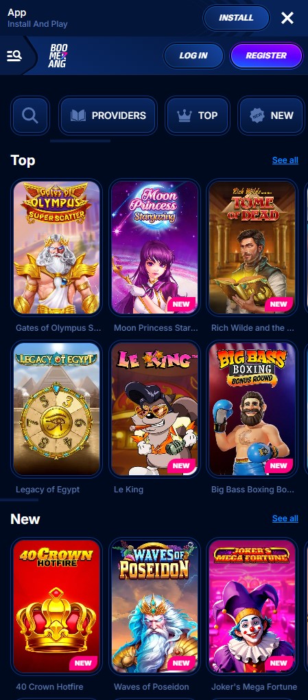 Boomerang Casino slots lobby running on a mobile phone
