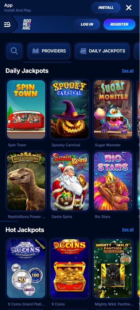 Jackpot slots on the Boomerang Casino mobile view