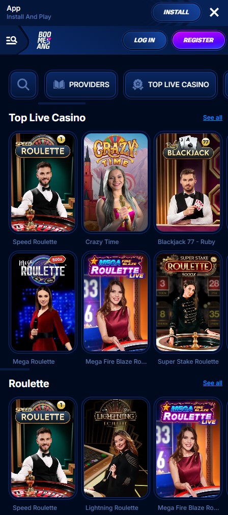 Live dealer casino tables at Boomerang Casino